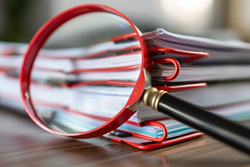 Lupe vor Dokumentenstapel