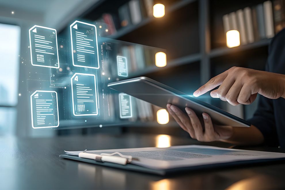 Mann mit Laptop und digitalen Dokumenten